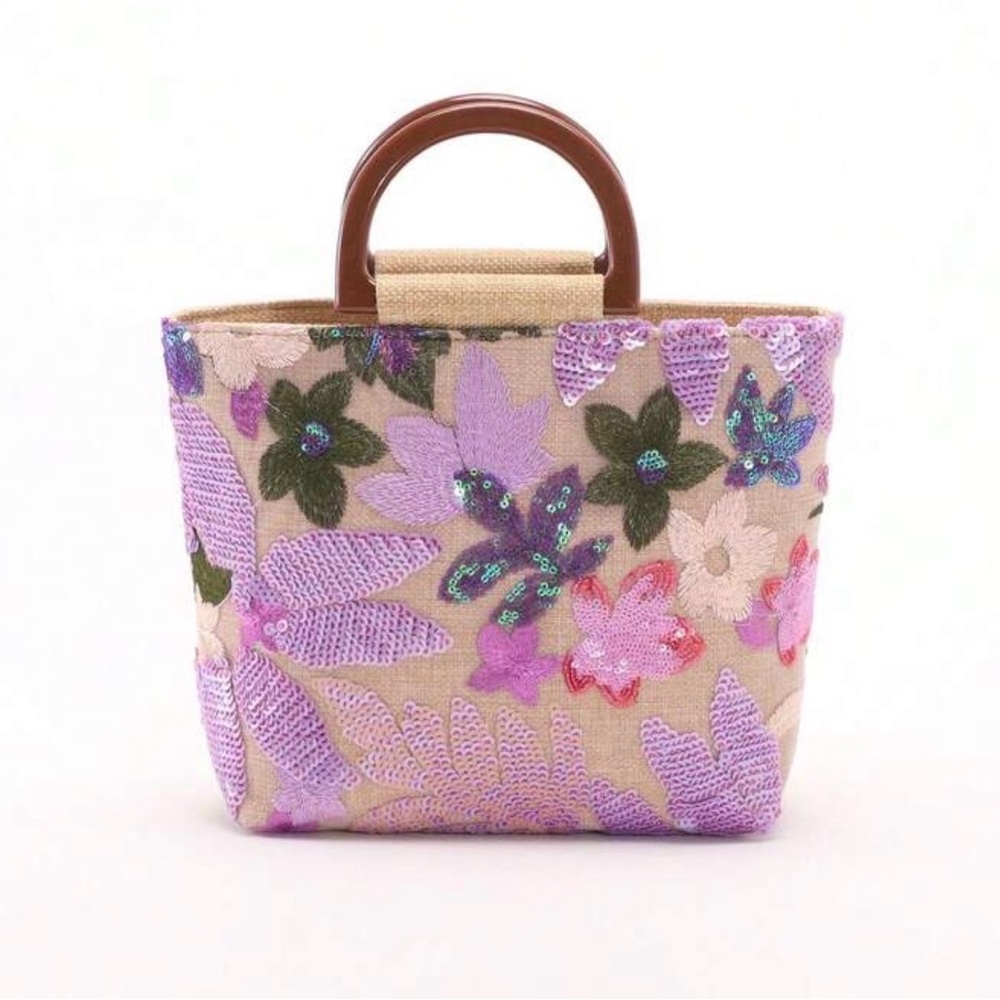 NEW Floral Sequin Embroidered Tote Bag - Pink & Beige